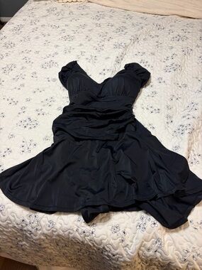 Source Unknown Black One-Piece Swimdress with Puff Sleeves
